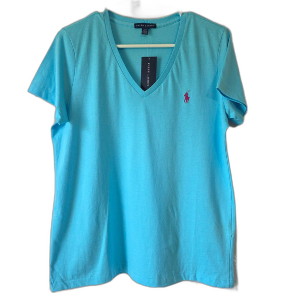 Ralph Lauren Women's Aqua/Pink Pony V-neck Polo Shirt (NWT) - Size L - Picture 1 of 4